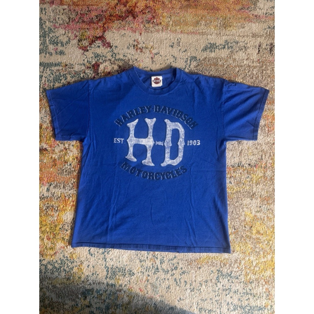 Y2K 2000s Harley-Davidson Motor City Blue Graphic Guitar Tee Size L